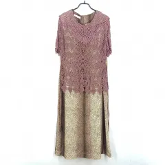 七 レディース ダブルフロントレース ウエスト紐 半袖 ロング丈ワンピース 茶色 ( HU39133 )