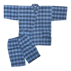 【激アツSALE】M-22 メンズ甚平　Lサイズ　日本製　紺チェック　お祭り　さむえ 作務衣 部屋着 ルームウエア 作業着 パジャマ 男性 メンズ 神社仏閣　粋　和装　セット　かっこいい　リラックス　ユニフォーム　夏祭り　父の日　敬老の日　贈り物　ギフト　贈答