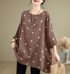 チュニック 大きいサイズ チュニック ブラウス ドット柄 水玉 五分袖 Tシャツ レディース 五分袖 大きいサイズ プルオーバー ゆったり トップス 総柄 jzua578