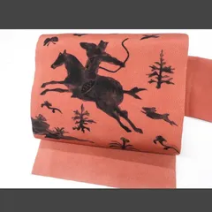 5k2471 名古屋帯　絹　塩瀬帯　手書き　馬　ピンク　グレー　柄物　和装　着物 5k2471 名古屋帯 絹 塩瀬帯 手書き 馬 ピンク グレー 柄物 和装 着物