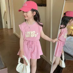 子供服　キッズ服　女の子　  双子の姉妹服　上下セット　セットアップ　オシャレ　可愛い　　ピンク　緑　　グリーン　パンツ　袖なし　ポケット　夏物　夏服　ボタン　純綿　綿100%女の子　普段着　部屋着　韓国子供服　100 110 120 130 140 150