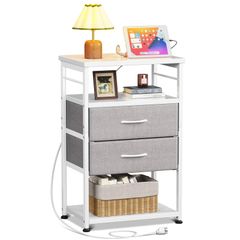 Color:ホワイト AODK サイドテーブ ナイトテーブル 幅40×30×70cm ベッドサイドテーブル コンセント付き ４段 引き出し付き 収納付き ベッド横 ホワイト
