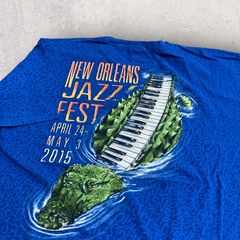 US古着 JAZZ FEST ジャズ 2015 ワニ クロコダイル 鍵盤 ピアノ Tシャツ XL ブルー