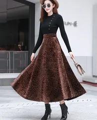 韓国ファッション スカート レディース フレアースカート M L ブラウン ロングスカート 膝下スカート ミモレ丈 ヒョウ柄 かっこいい 大人 冬 豹柄 レオパード アニマル柄 ロング丈 上品 きれいめ すっきり 大人可愛い