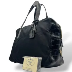 PRADA ボストンバッグ クロコ型押し レザー ナイロン 三角ロゴ 南京錠 鍵