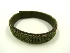 ■極美品■ SWAROVSKI スワロフスキー レザー ラインストーン ブレスレット バングル アクセサリー レディース  グリーン系 DH6033
