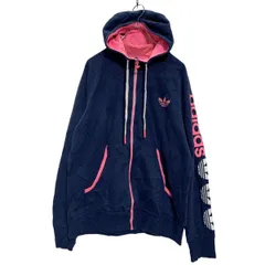 adidas ジップアップ プリント スウェット パーカー XL ネイビー ネオンピンク アディダス レディース ロゴ 古着卸 アメリカ仕入 a602-5921