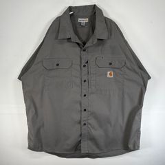 古着 カーハート Carhartt 半袖シャツ ワーク リップストップ フラップポケ 大きいサイズ ワンポイント ロゴ 2XL  グレー 無地 メンズ