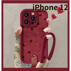 【SHOPS W】iPhone12 スマホケース 赤 ラムスキン風 ストラップ付き ハート かわいい E034