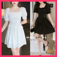 【スタッフおすすめ！】 スクエアネック ミニワンピース無地パフ袖 ワンピース 結婚式/夏ワンピース 韓国/セクシーワンピース フェミニン膝上丈 半袖ワンピース レデ おすすめ おしゃれ　かわいい　人気 2BMEI-002