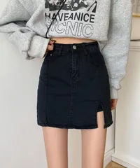 【タグ付新品未使用】[seu23q11042ブラック] サイドスリットデニムミニスカートパンツ スカート風 デニムショートパンツ ボトムス ミニスカート 脚長効果 韓国ファッション