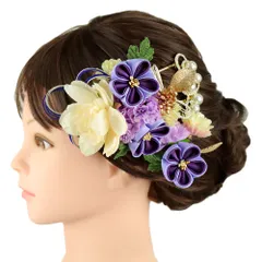 髪飾り 成人式 水引 つまみ細工 振袖 前撮り 袴 3点セット 花 菊 紫 薄紫 白 ゴールド ちりめん パール ビーズ ラインストー No.9-5182