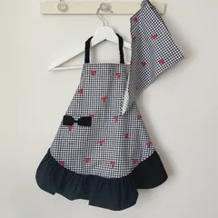 100〜110 ギンガムハートのギャザーエプロン　キッズ　子ども 3点セット
