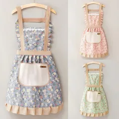 新品　花柄フリルエプロン ポケット 軽い 保育士 かわいい 料理教室 細見え しわになりにくい 防水