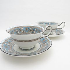 美品 WEDGWOOD ウェッジウッド フロレンティーンターコイズ ティーカップ＆ソーサー 2客 ピオニー ペア 壺ロゴ SY9941J 