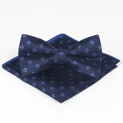 蝶ネクタイ　ポケットチーフ　花柄　2点セット　ネイビー 濃紺色　ブルー 青色 ビジネス 結婚式 パーティー イベント バーテンダー ダンスパーティー スーツ ワイシャツ 格安 小物　ワンタッチ　卒業式　卒園式　入学式　入園式　入社式　父の日
