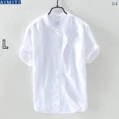 [L]メンズ 男性用 ファッション オシャレ シンプル 大人 かっこいい ストリート ヒップホップ HipHop ライト ブルー リネンノー カラー シャツ 半袖 トップス スタンドカラー シャツ 夏 薄手 コットンリネン ホワイト シャツ