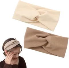 Rodrry Meche　ロドリーミシェ No74 ヘアアクセサリー 普段使い ヘアーバンド ターバン 痛くなりにくい ヘアーアクセサリー お風呂/ヨガ/洗顔用にターバン 幅広タイプ 柔らかい ヘアバンド ヘッドバンド(オフホワイト＆カーキ)