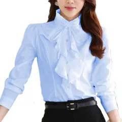 フロントフリルブラウス レディース フリルネック シャツ トップス リボンタイ 立ち襟 ハイネック 無地 フォーマル 長袖 オフィス (M, ライトブルー) [ライトブルー] [M]