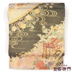 西陣名門 じゅらく 帝王紫 袋帯 正絹 風雅春秋文 四季花 金糸 438cm