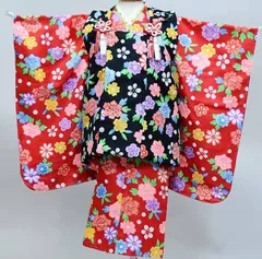 七五三 三歳 女児 被布着物フルセット 赤色×黒色 百花繚乱 半衿付き 3歳 3才 三才 女の子 祝着 お仕立て無料 NO38008