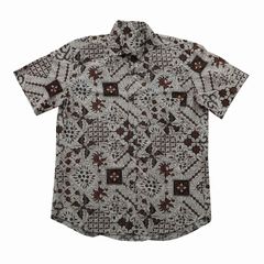バティックシャツ コットン半袖シャツ ホワイト＆ブラウン アジアン雑貨 バリ雑貨 服 アロハシャツ リゾートウェア 半そでシャツ クールビズ メンズ ユニセックス ユニフォーム 制服 インドネシア 民族衣装【メール便】150137