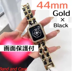 44mm ゴールドブラック　画面保護付き　アップルウォッチ　カバー　キラキラ　ケース　チェーンベルト　バンド　セット　レザー