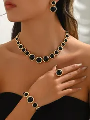 ジュエリー レディース セット 幾何学模様 円形 ブラックラインストーン付き レディースジュエリーセット 4点 ネックレス、ブレスレット、ピアス、リング、クラシックでエレガントなスタイル 日常、パーティー、ギフトに