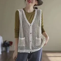 かぎ編み ベスト レディース カーディガン 綿 ニットベスト 春夏 クロシェ編み トップス 透かし編み レースベスト 羽織り レイヤードニット 6KFE500