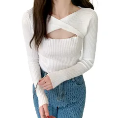 [FUPUTWO] リブニット セーター レディース セクシー トップス 胸あき タイト 長袖 (ホワイト) [ホワイト] [Free Size]