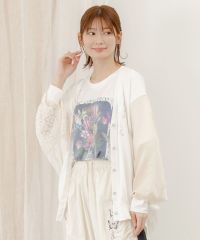 ISScoLar（イズスカラー）花蝶箔プリント 異素材MIXカーディガン　オフホワイト、ブラック、サックス　552205