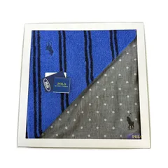 【未使用品】POLO RALPH LAUREN ポロ ラルフローレン ハンカチ タオルセット 2枚 ボーダー柄 ドット柄 ブルー グレー 青色 灰色 美品 綿 麻 コットン リネン ギフトセット
