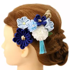 髪飾り 成人式 つまみ細工 振袖 前撮り 袴 浴衣 夏祭り 花火大会 豪華3点セット 青 水色 白 ゴールド ちりめん 房付き ライン No.9-4143