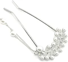 Miaomyao ミャオミャオ 簪 かんざし バチ型 和装 留袖 髪飾り アンティーク フラワー 花びら リーフ パール ジルコニア U字 コーム ヘアアクセサリー(Sliver,  小さめ)