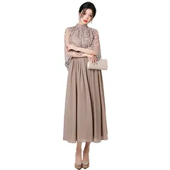 [TIGLOSS] パーティードレス 結婚式 フォーマル ロング ドレス レディース ワンピース パーティー Aライン 袖付き お呼ばれ セレモニー レース 大人 [カーキ] [XL]