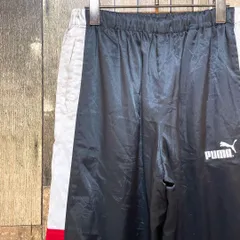 《90年代当時物》プーマ PUMA 黒☆ナイロンパンツ L デカロゴ ビッグロゴ ビッグプリント ワンポイントロゴ ヒットユニオン社 リブ マルチカラー 90's 90s ビッグシルエット ブラック hs