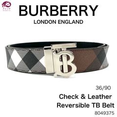 BURBERRY LONDON バーバリー ロンドン 8049375 チェック＆レザー リバーシブル TB ベルト 36 / 90 ダークバーチブラウン チェック 箱 タグ類 封筒 付き