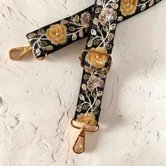 インド刺繍リボン スマホショルダー ショルダーストラップ ショルダーベルト ブラックイエロー 薔薇