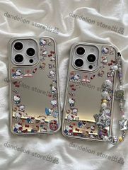 スマホケース　キティちゃん　シルバー　鏡　ミラー　ストラップ付き　iPhone対応　アイフォンケース　iPhone16pro/16promax/15/14/13/12/11　可愛いケース　海外限定　新品未使用