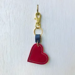 ハートキーホルダー　バイカラー　本革　レッド×ネイビー