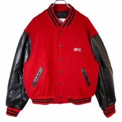 80s90sUSA製エクセルドExcelled袖レザー切り替えウールスタジャンバーシティジャケットブルゾン裏地中綿入りキルティングUNITE!刺繍レッド赤ブラック黒vintageヴィンテージ40712
