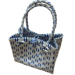 ベトナム　ハンドメイド　プラかごバッグ　メッシュバッグ　ミニバッグ　ホワイト　ブルー