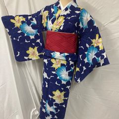 さんび荒川 セオアルファ 青に花の柄の浴衣 夏着物 夢工房の半幅帯と