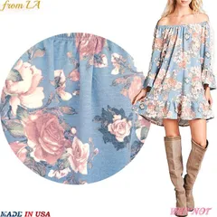 ワンピース チュニック 長袖 レーススリーブ フレア オーバルネック 花柄 LAインポート S.M.L ライトブルー MADE IN USA EM230618LA115