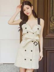 ベージュ[JN-011]【JENNNY / ジェニー】ラメ/ ツイード/ ジャケットデザイン/ ボタン/ ノースリーブ/ フレア/ ミニドレス/ ワンピース/ キャバドレス