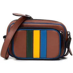 コーチ バッグ COACH スムースカーフレザー ミニ エッジ カラーブロック バーシティー ストライプ ダブル ポーチ クロスボディ 斜め掛け ショルダーバッグ レッドウッドマルチ coach1216