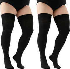 Ｕｃｃｅｌｌｉｎｏ ニーハイソックス 2足セット ゆったりサイズ オーバーニーソックス 伸縮性 大きいサイズ ひざ上(ブラック,  Free Size)