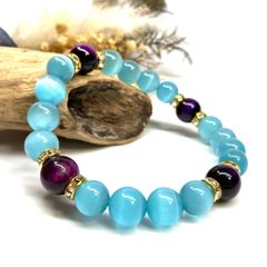 キャッツアイ(ライトブルー)×パープルタイガーアイ パワーストーン ブレスレット  (ゴールド) メンズ・レディース　男性・女性　数珠ブレス 開運 [23]