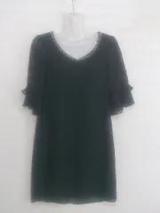 ◇ PourVous プールヴー 装飾 Vネック シアー 七分袖 ミニ ワンピース サイズS ブラック レディース P  【1302030000845】