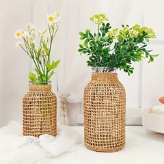 置物 花器 1pc ボヘミアンガラス花瓶 籐カバー付き 農家の花つぼみ花瓶 ラウンド装飾花瓶 花容器 フラワーボトル フラワーアレンジメント 新築祝い パーティー ホームデコレーション用 おしゃれ デスク ダイニングテーブル装飾